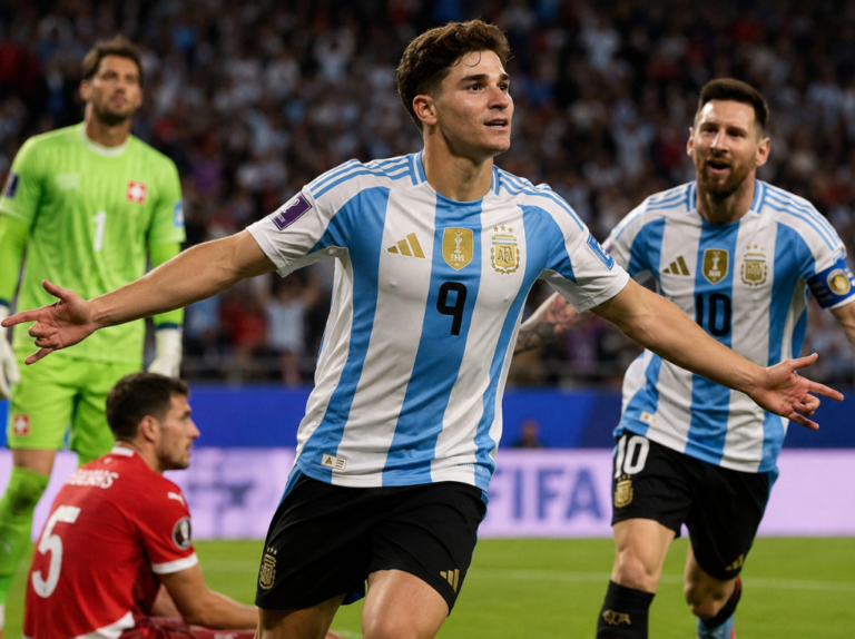 Argentina vs Switzerland quarterfinal as Julián Alvarez celebrates his decisive extra-time goal at Kansas City Stadium.