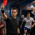 FIFA red card diplomacy satire showing a referee, world leaders and football officials debating a red card decision