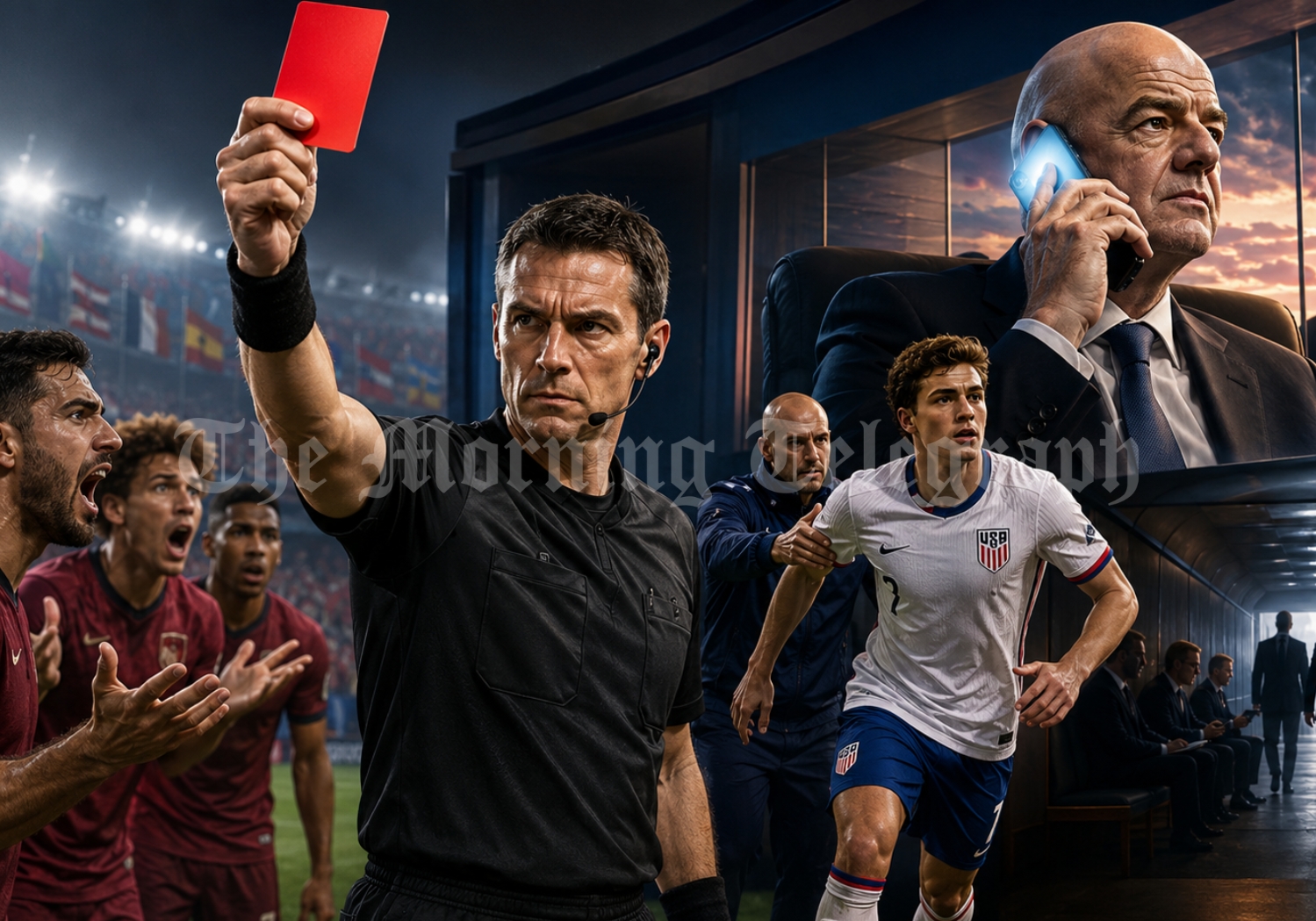 FIFA red card diplomacy satire showing a referee, world leaders and football officials debating a red card decision