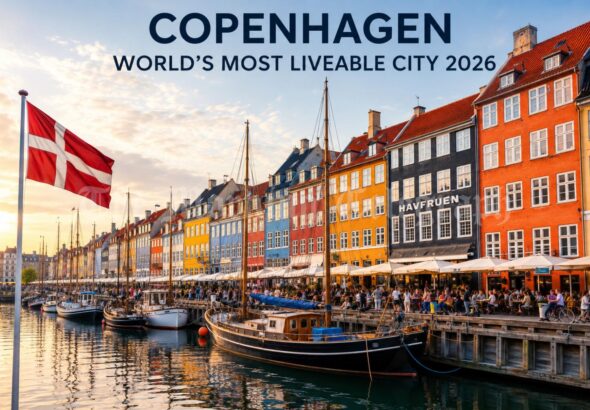 Copenhagen liveable city skyline highlighting its top ranking in the 2026 Global Liveability Index