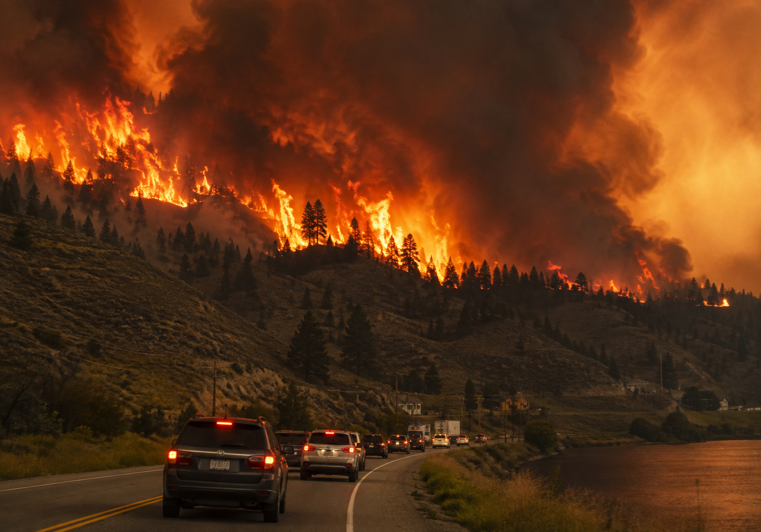 Evacuation Highway Beneath Wildfire Smoke