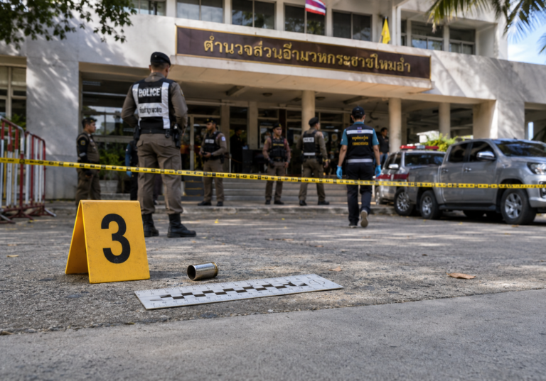 Police investigate the Nonthaburi shooting at a local government office near Bangkok after a senior Thai official was killed