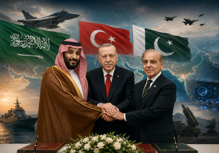 Saudi, Turkish and Pakistani leaders at the signing of the Saudi Turkey Pakistan defence pact in Mecca