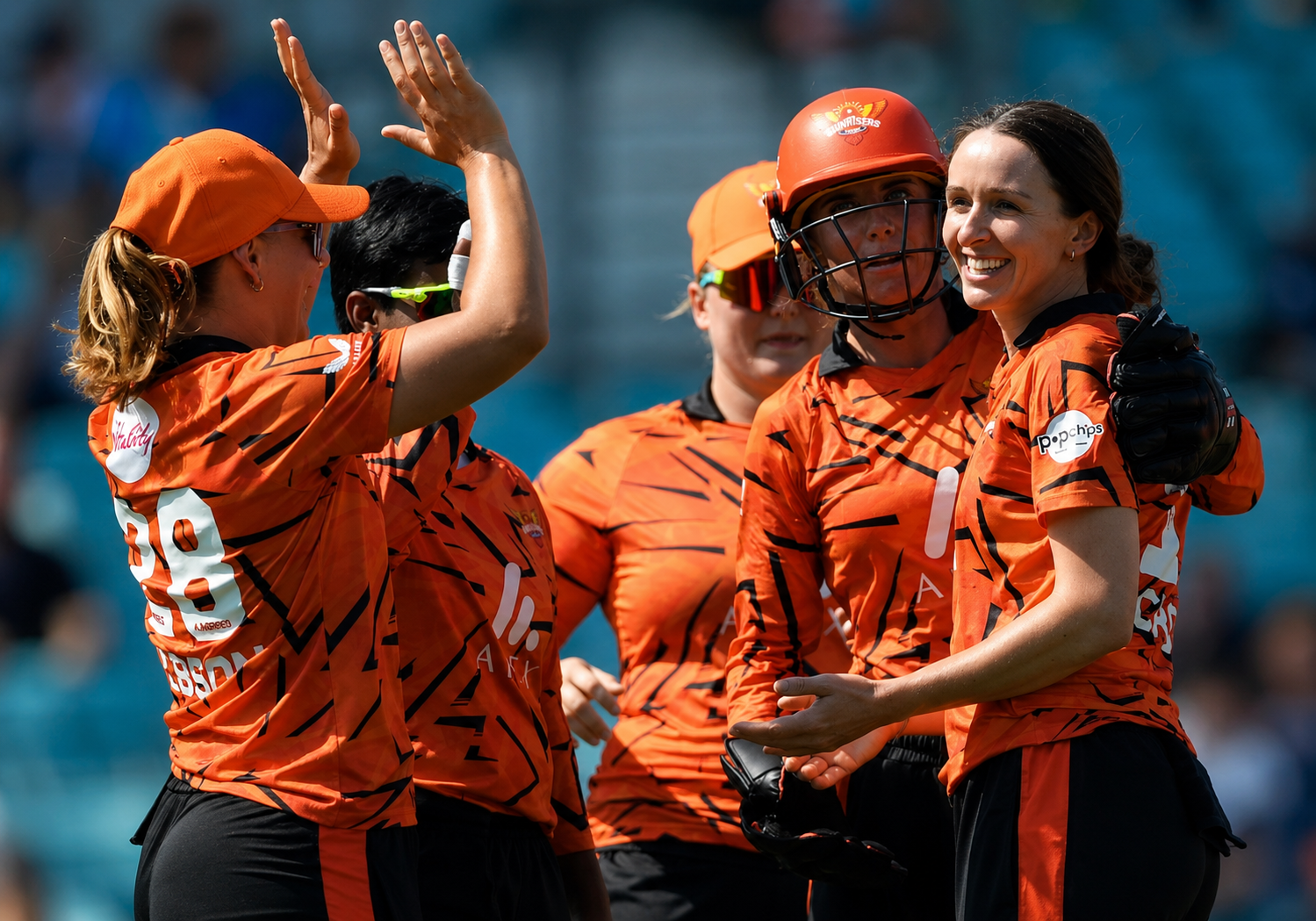 SunRisers Leeds Women celebrate after defeating Southern Brave to reach The Hundred final at The Oval