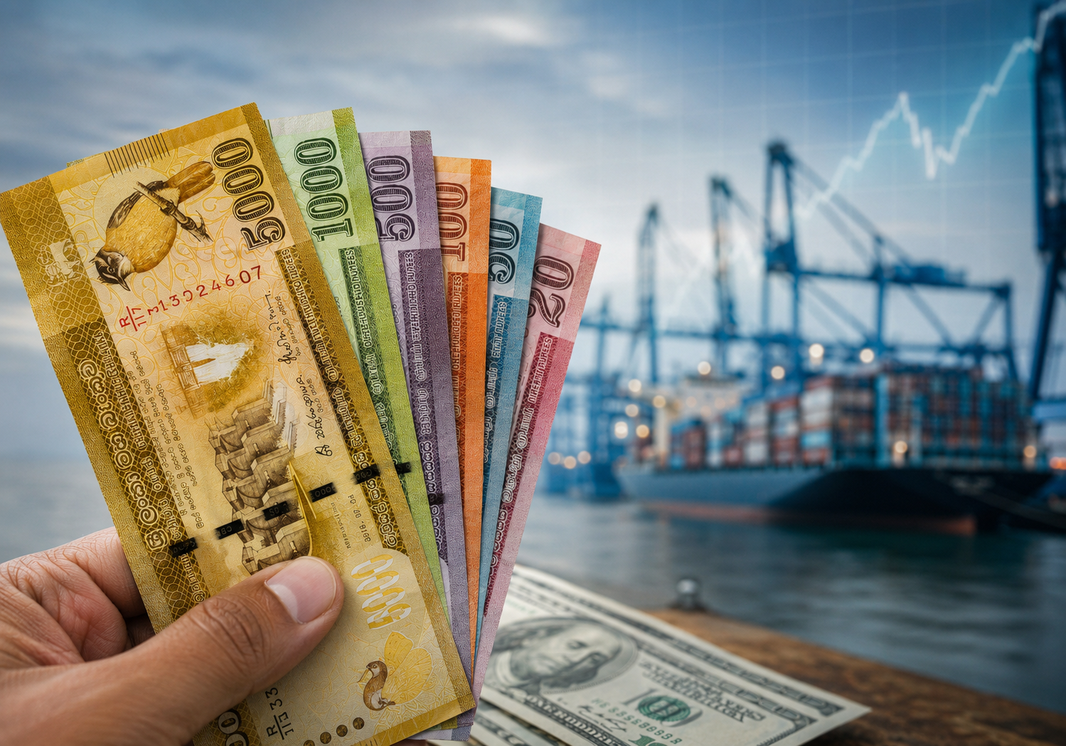 Sri Lanka rupee and US dollar illustrating foreign currency inflows and the widening trade deficit