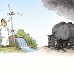 Sri Lanka renewable energy cartoon showing solar, wind and hydro saving foreign exchange otherwise spent on imported oil