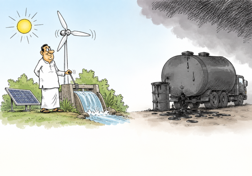 Sri Lanka renewable energy cartoon showing solar, wind and hydro saving foreign exchange otherwise spent on imported oil
