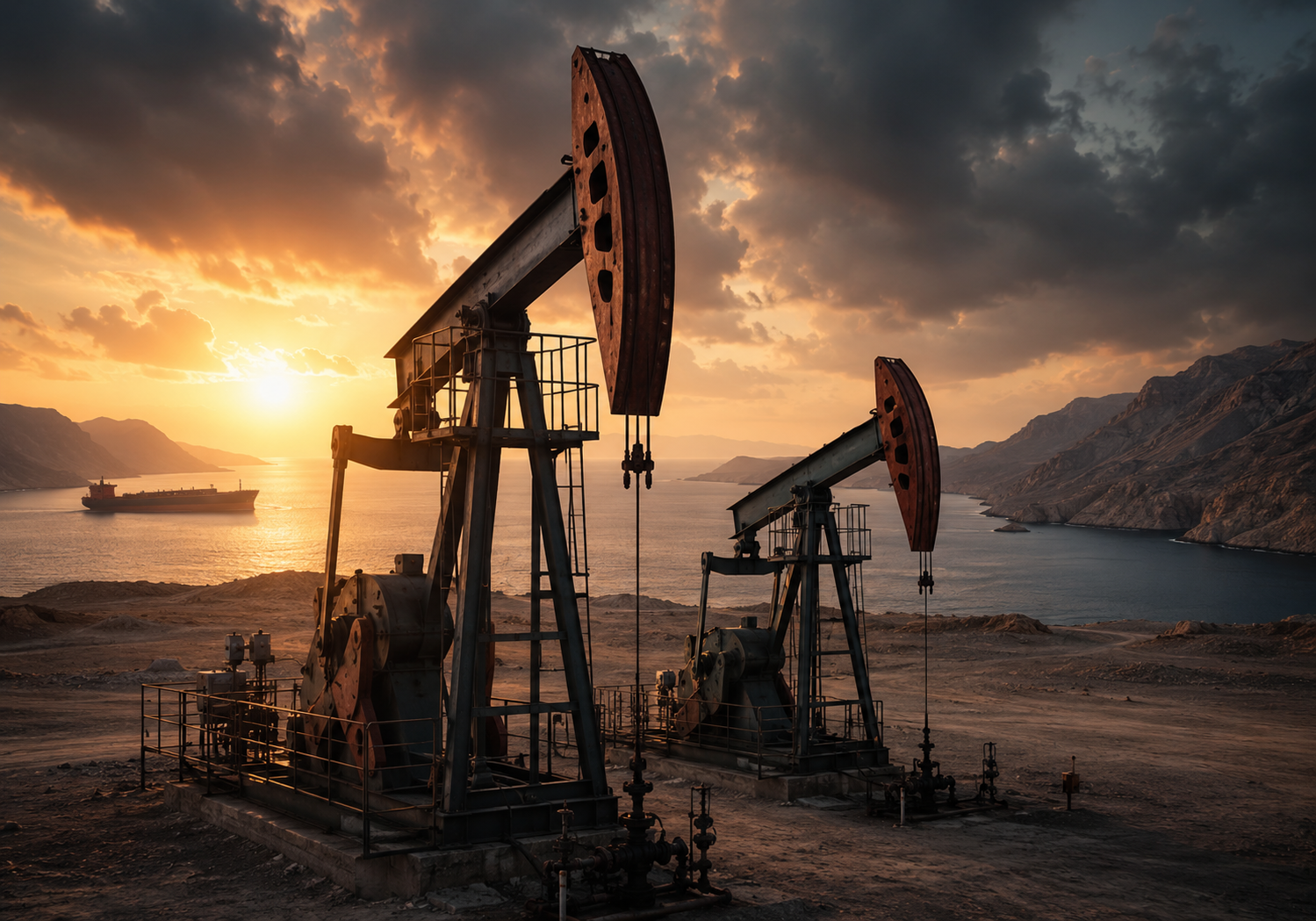 US-Iran oil tensions push crude prices higher as pumpjacks operate against the sky