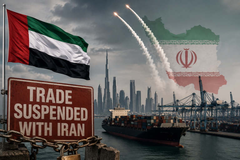 UAE Iran trade suspension amid rising tensions over ballistic missile allegations and disruption in the Strait of Hormuz