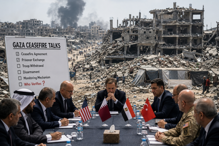 Gaza ceasefire monitoring talks involving international mediators and competing proposals for neutral oversight