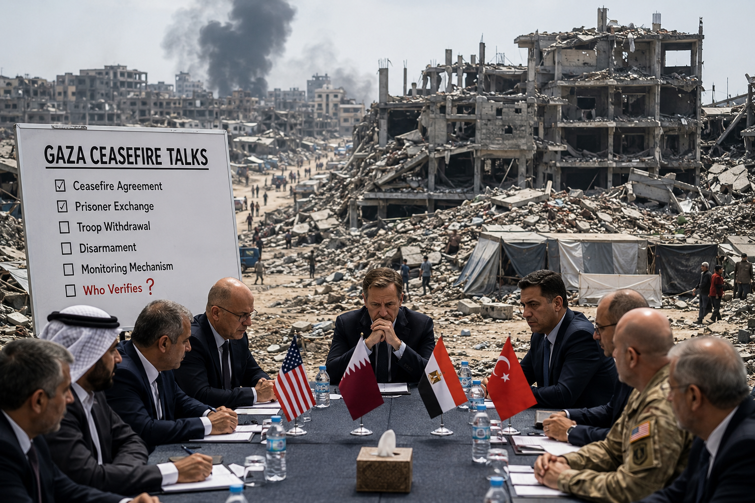 Gaza ceasefire monitoring talks involving international mediators and competing proposals for neutral oversight