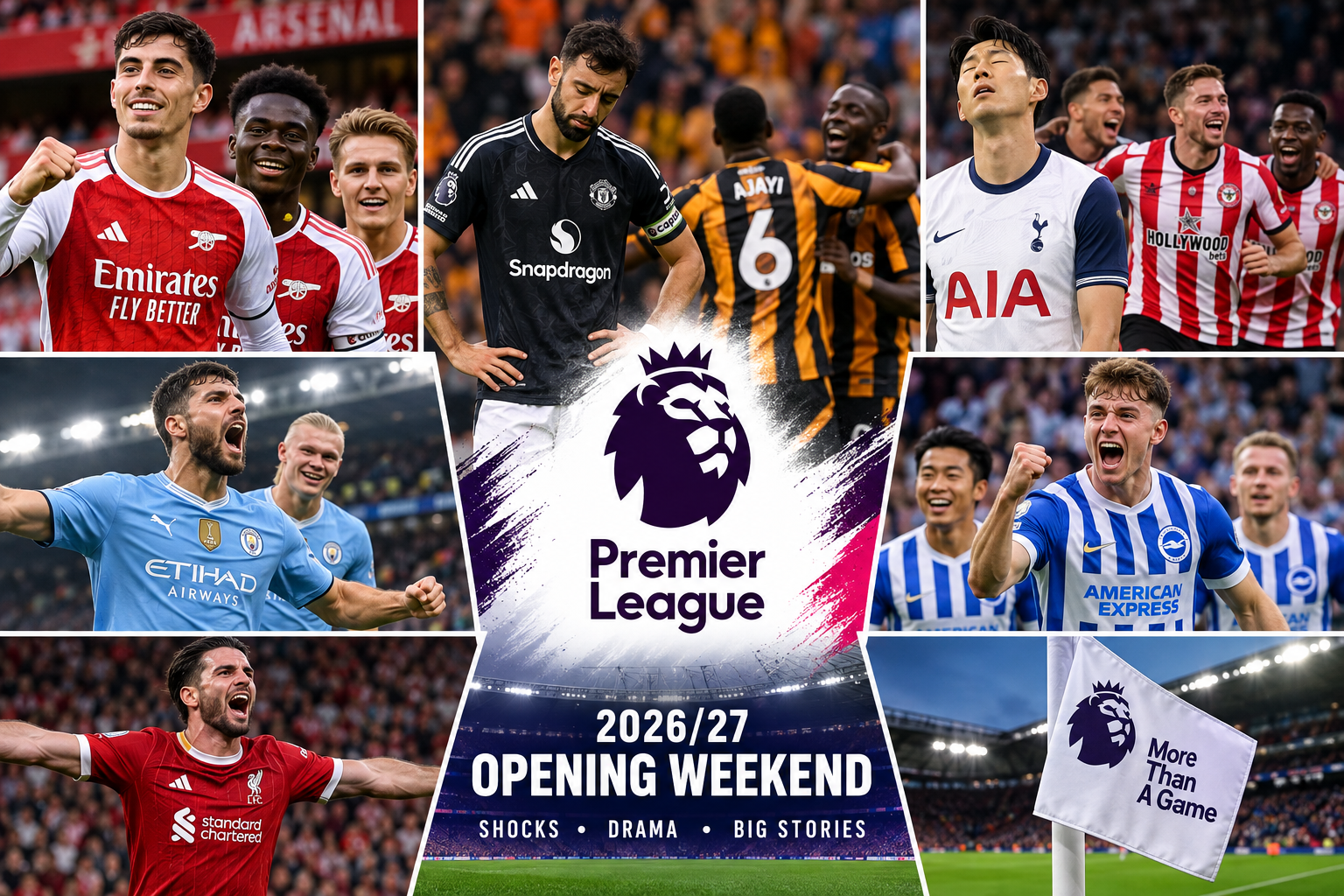 Premier League opening weekend action featuring Arsenal, Manchester United, Tottenham, Manchester City and Liverpool