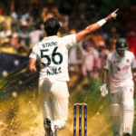 Mitchell Starc celebrates during the Australia vs Bangladesh Test in Mackay after taking 10 wickets in Australia’s innings victory.