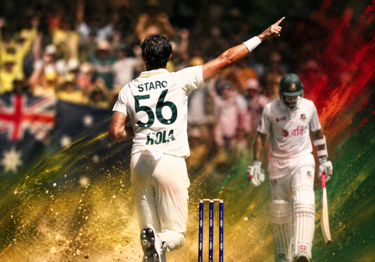 Mitchell Starc celebrates during the Australia vs Bangladesh Test in Mackay after taking 10 wickets in Australia’s innings victory.