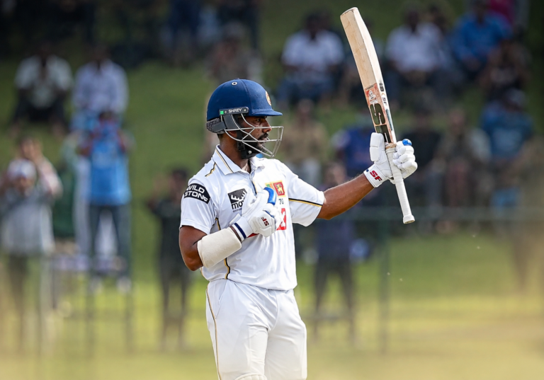 Sonal Dinusha raises his bat during Sri Lanka vs India Day 3 in the second Test at the SSC in Colombo