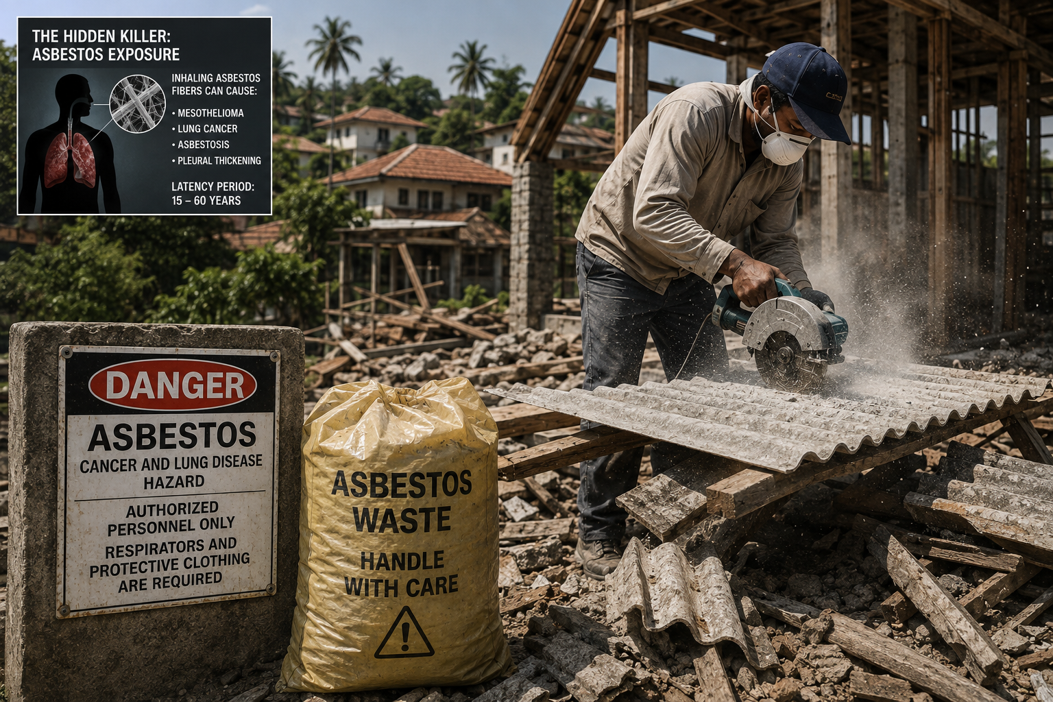 Sri Lanka asbestos crisis involving ageing roofing sheets, airborne fibres and unprotected construction workers