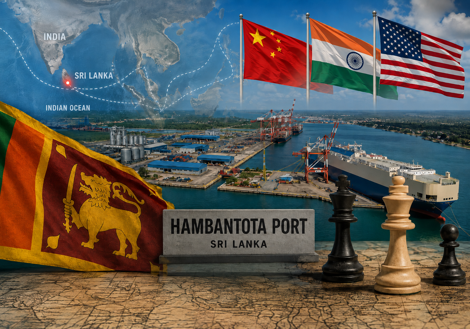 Hambantota Port geopolitics represented by Sri Lanka positioned between competing Indian Ocean powers