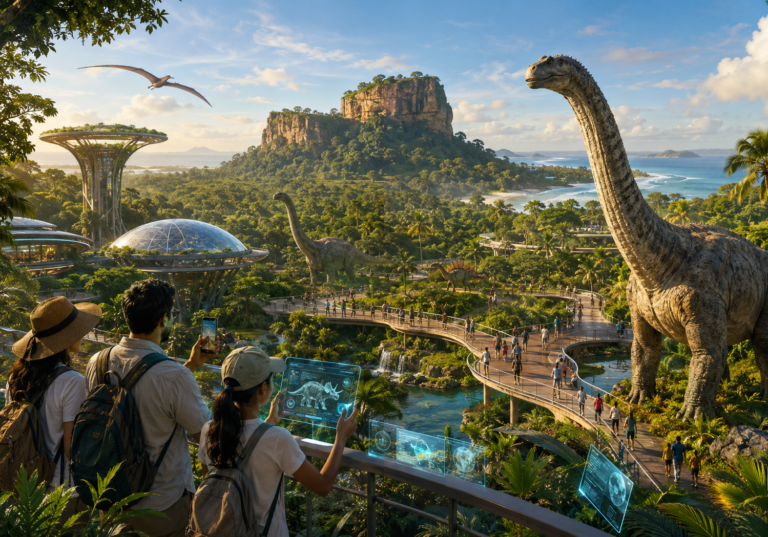 Sri Lanka tourism innovation concept featuring an immersive prehistoric adventure park surrounded by tropical landscapes