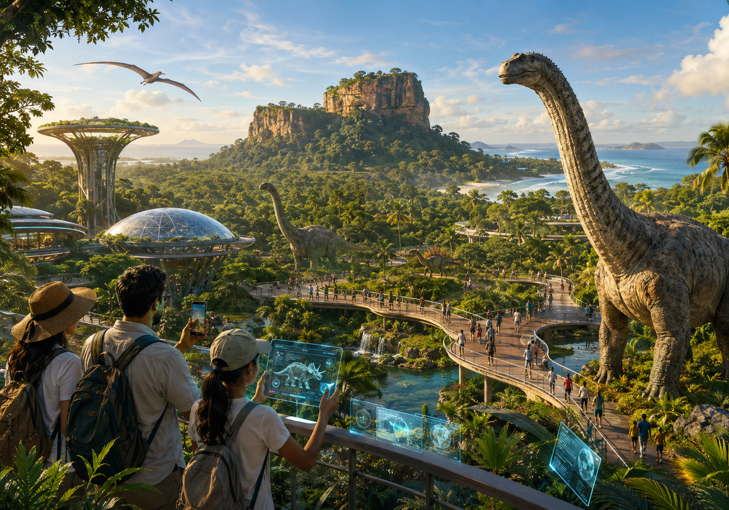 Sri Lanka tourism innovation concept featuring an immersive prehistoric adventure park surrounded by tropical landscapes
