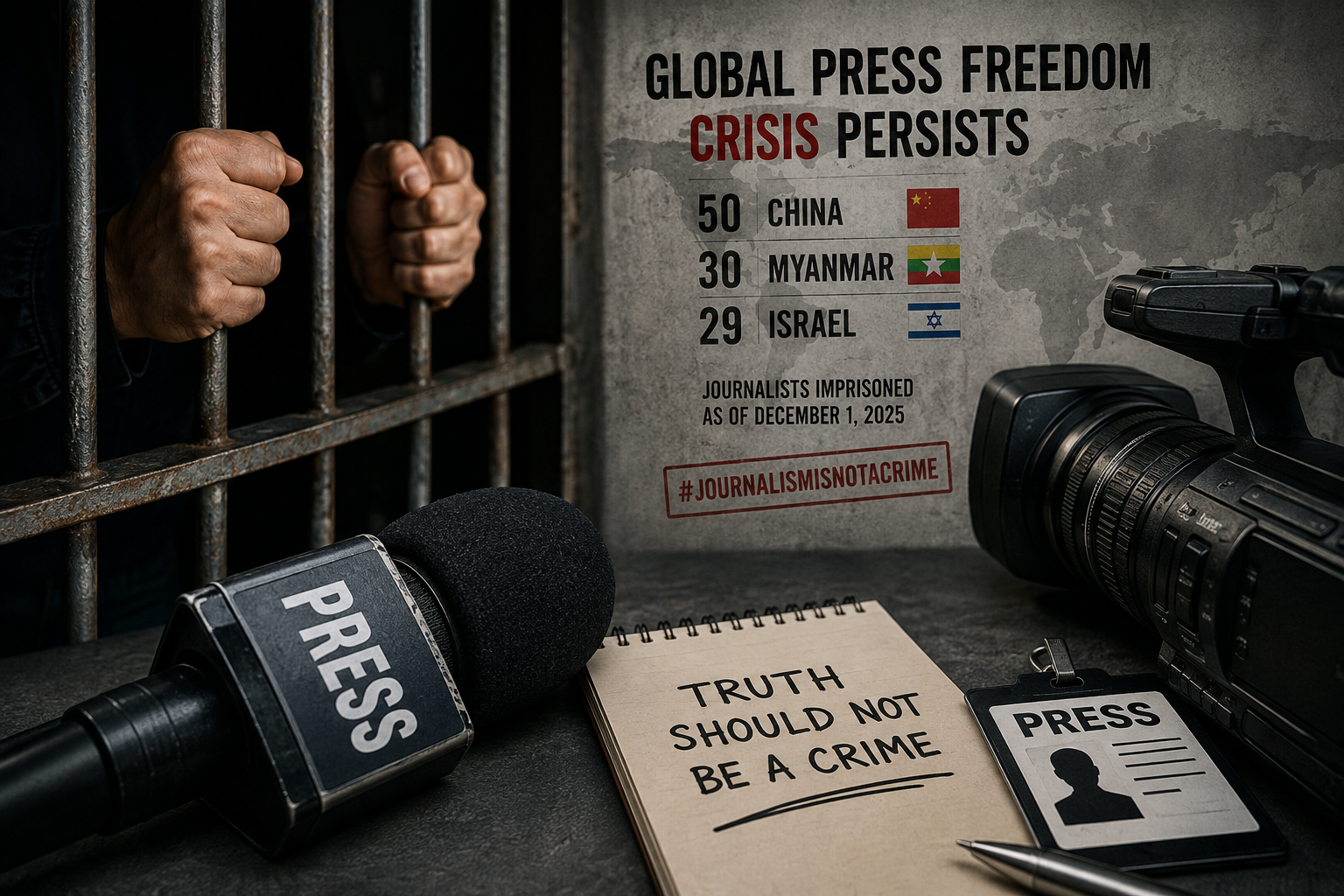 Global press freedom crisis represented by journalists imprisoned behind bars as China leads the world’s worst jailers