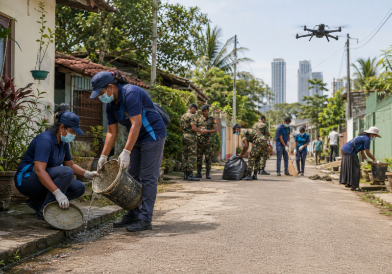 Health teams supporting Sri Lanka’s two-year national dengue programme by inspecting possible mosquito-breeding sites
