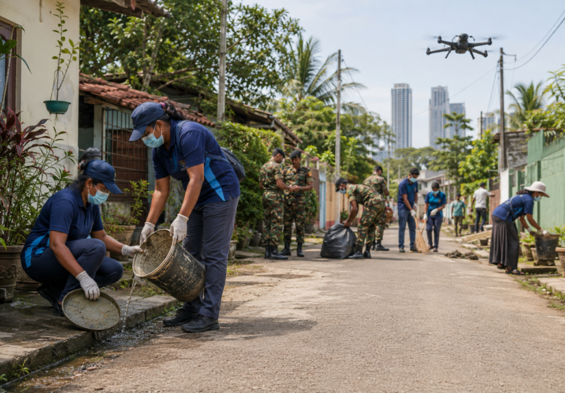 Health teams supporting Sri Lanka’s two-year national dengue programme by inspecting possible mosquito-breeding sites