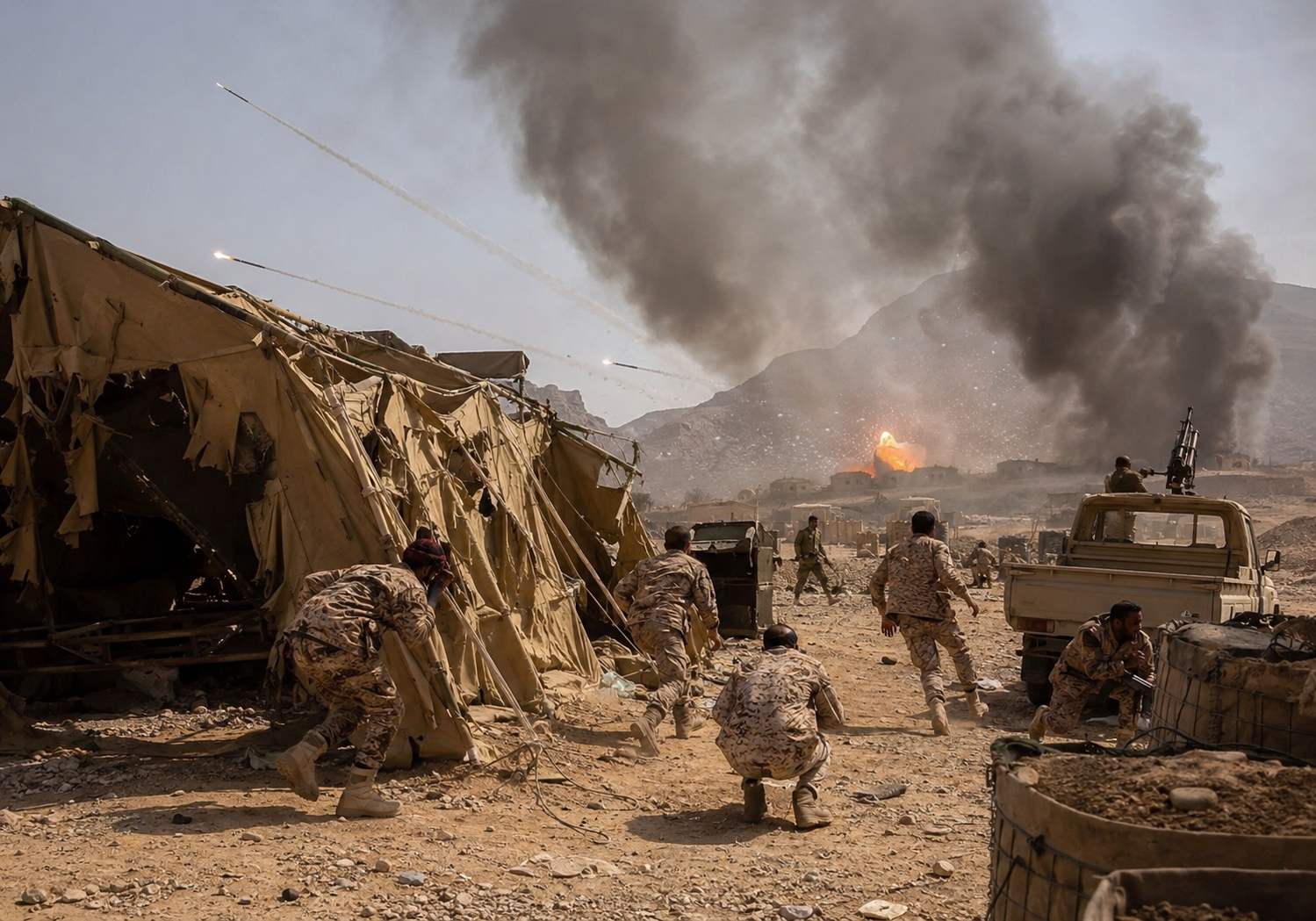 Houthi attacks in Yemen involving missile and drone strikes on government military camps