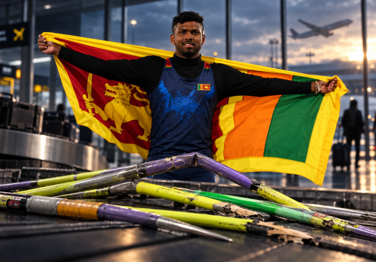 Rumesh Tharanga with javelins damaged during his flight home