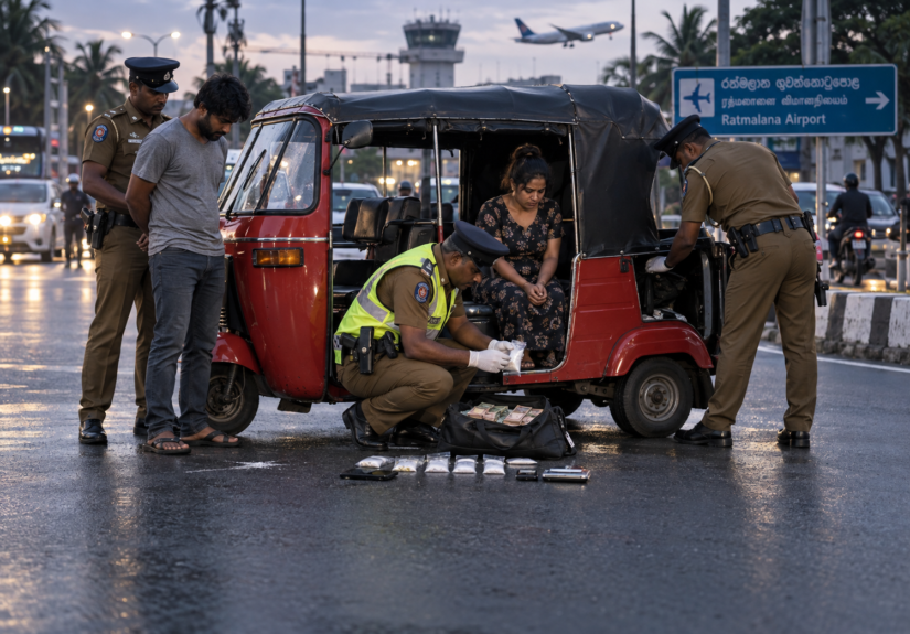 Police inspect a three-wheeler following the Mount Lavinia heroin arrest of a husband and wife near Ratmalana Airport junction.