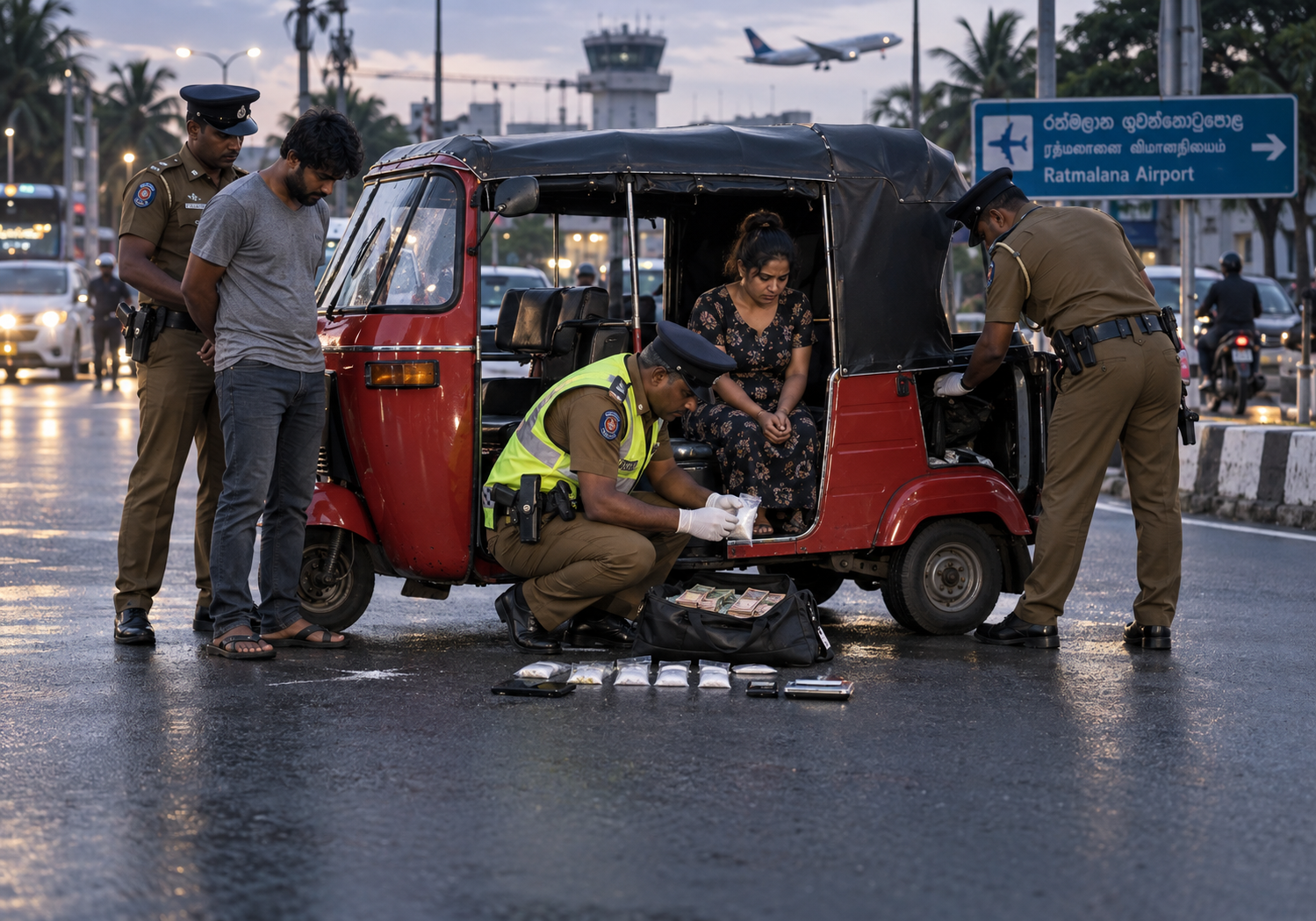 Police inspect a three-wheeler following the Mount Lavinia heroin arrest of a husband and wife near Ratmalana Airport junction.