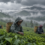 Sri Lanka high-grown tea plantation affected by heavy rainfall and overcast weather