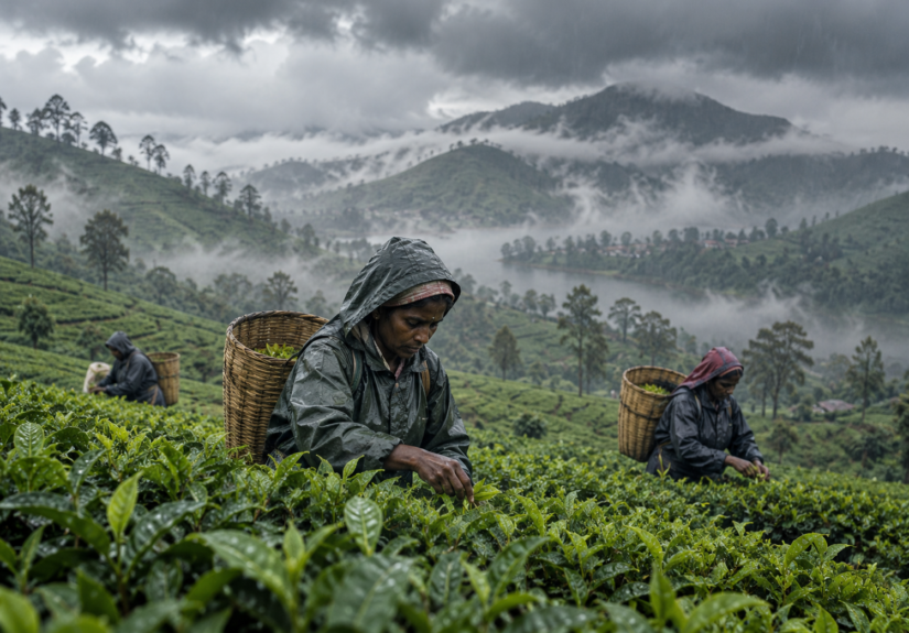 Sri Lanka high-grown tea plantation affected by heavy rainfall and overcast weather