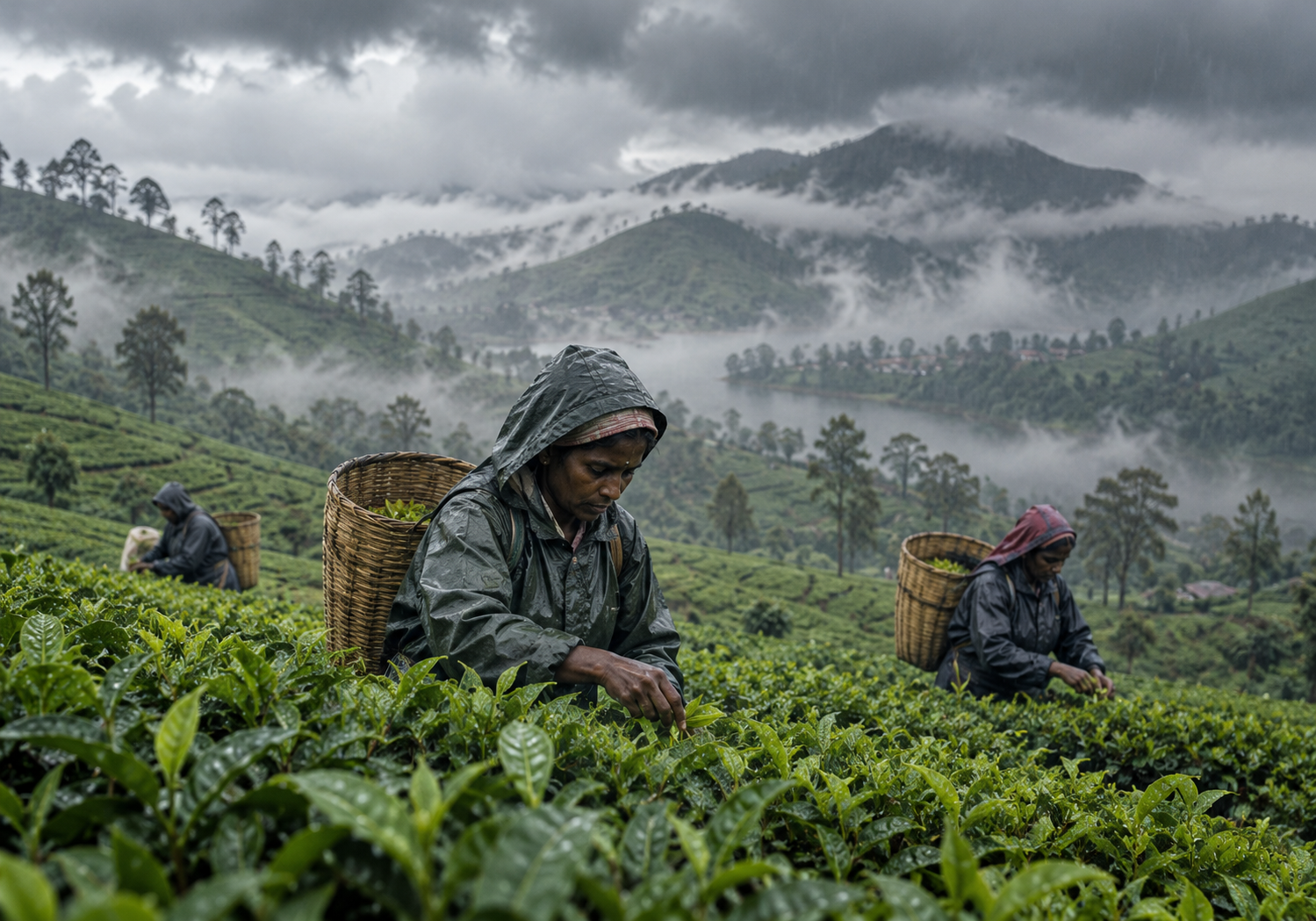 Sri Lanka high-grown tea plantation affected by heavy rainfall and overcast weather