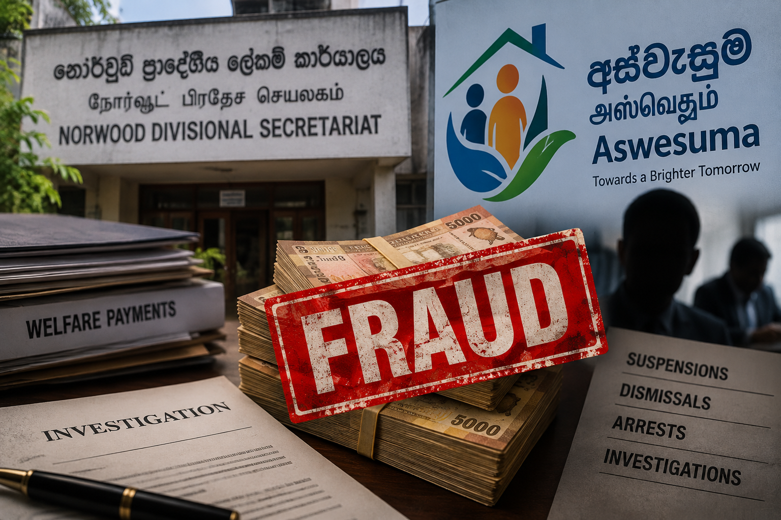 Norwood Divisional Secretariat linked to an alleged Rs. 30 million Aswesuma welfare fraud investigation
