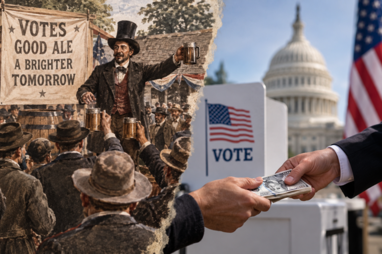 Historical American election scene illustrating the history of vote buying in American politics