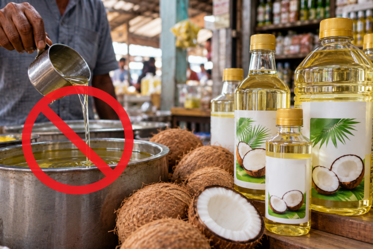 Packaged coconut oil displayed for sale in Sri Lanka