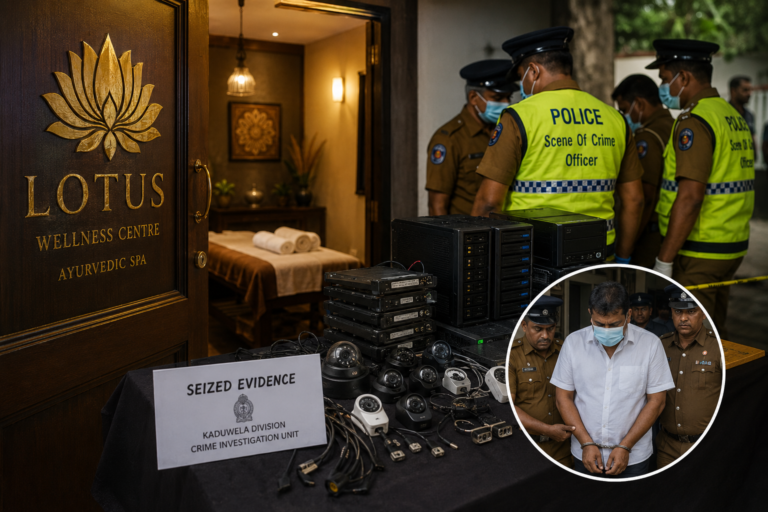 Spa King extortion case investigation involving a Kaduwela wellness center, surveillance equipment, police officers, and seized digital evidence