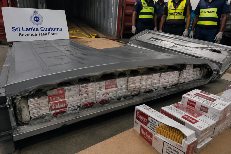 Chinese cigarette seizure involving cigarettes concealed inside imported metal doors inspected by Sri Lanka Customs officers