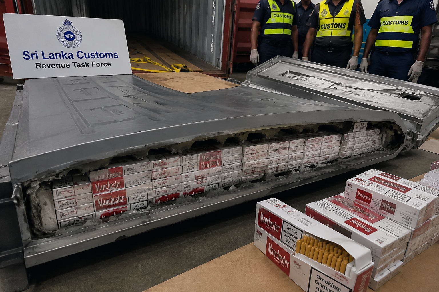 Chinese cigarette seizure involving cigarettes concealed inside imported metal doors inspected by Sri Lanka Customs officers