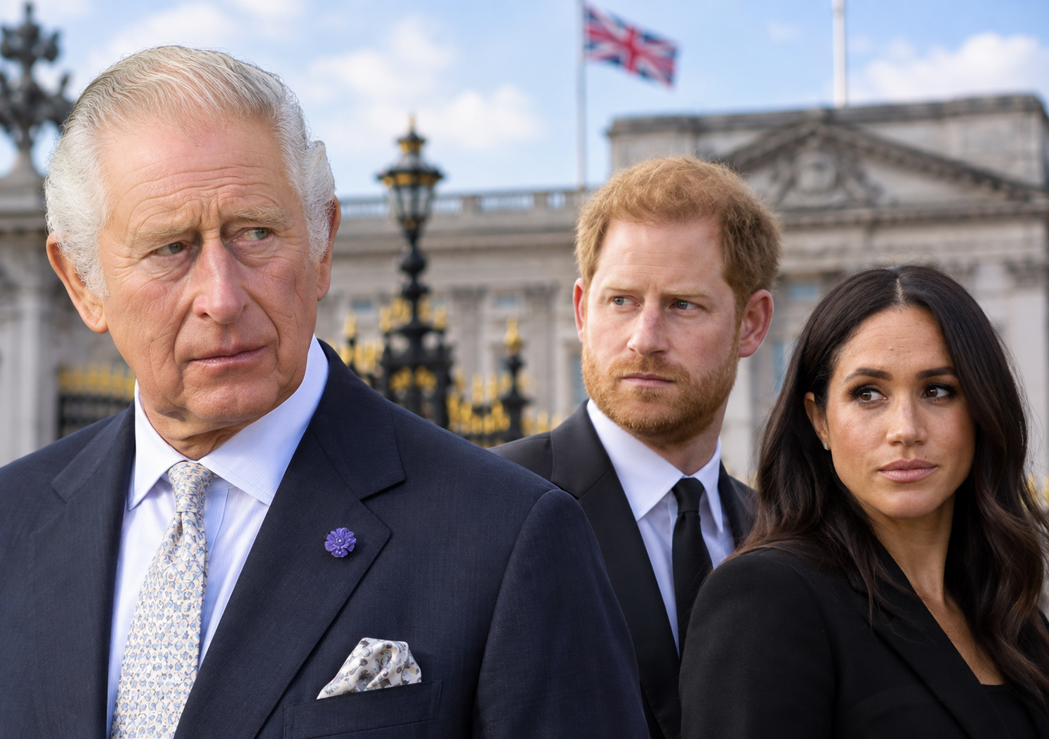 Harry and Meghan non-working royals pictured with King Charles outside Buckingham Palace