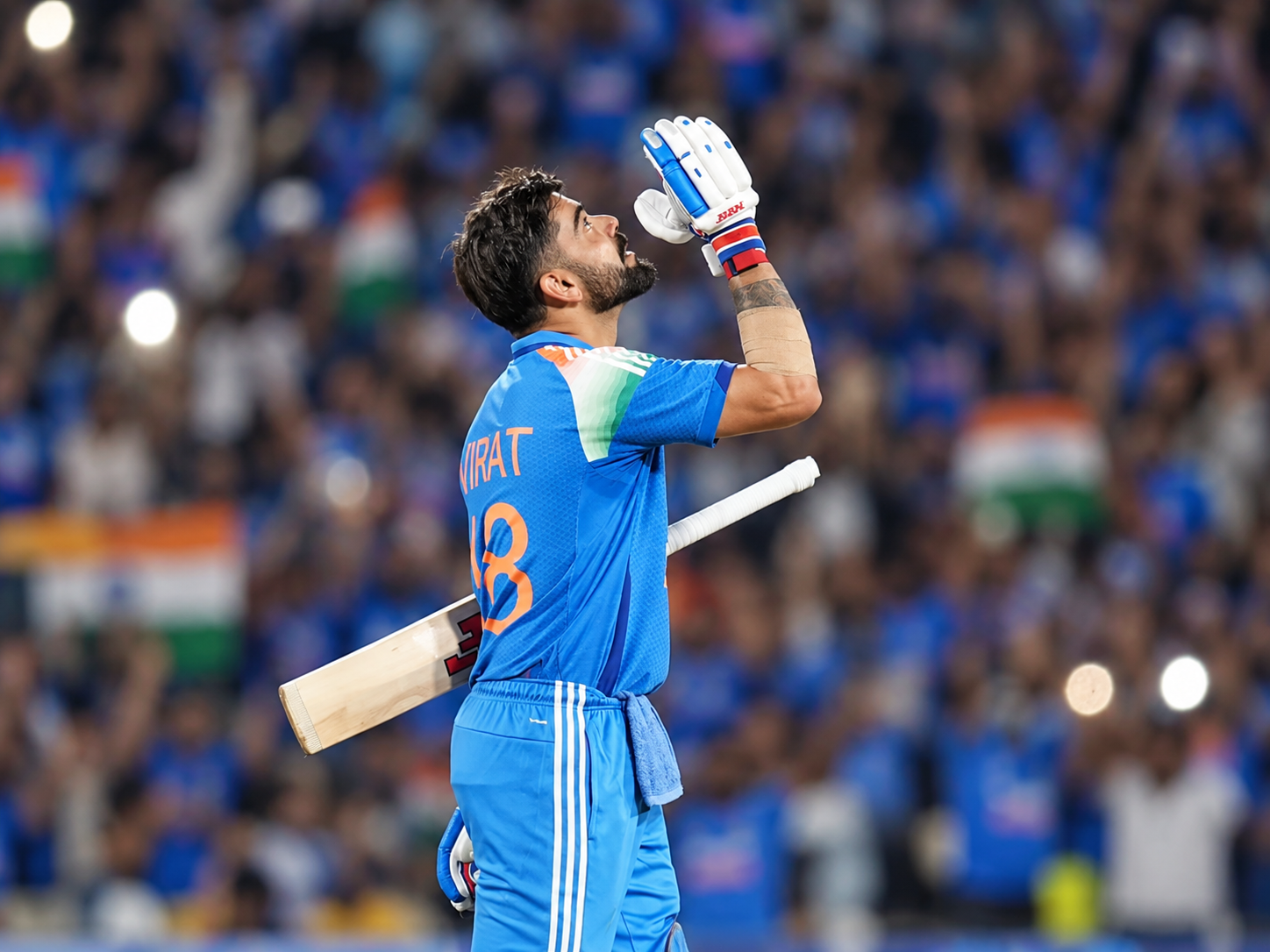Virat Kohli celebrates during his unbeaten 139 in the India West Indies first ODI.