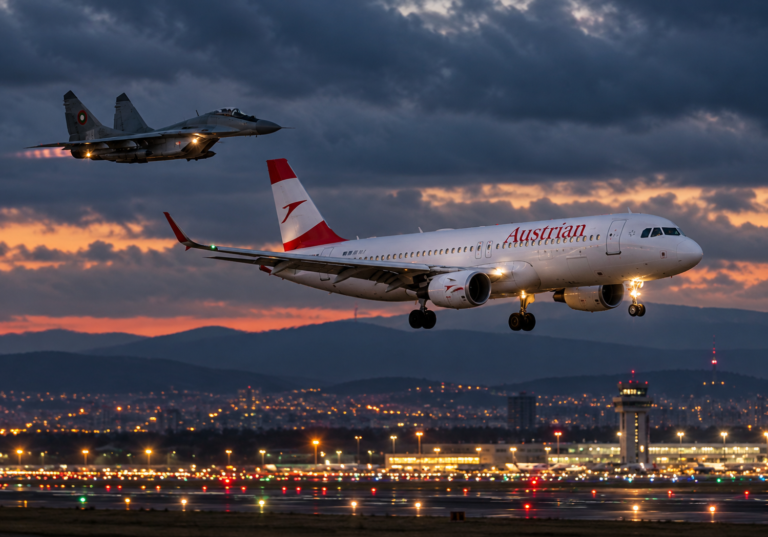 Austrian Airliner and Fighter Escort at Dusk