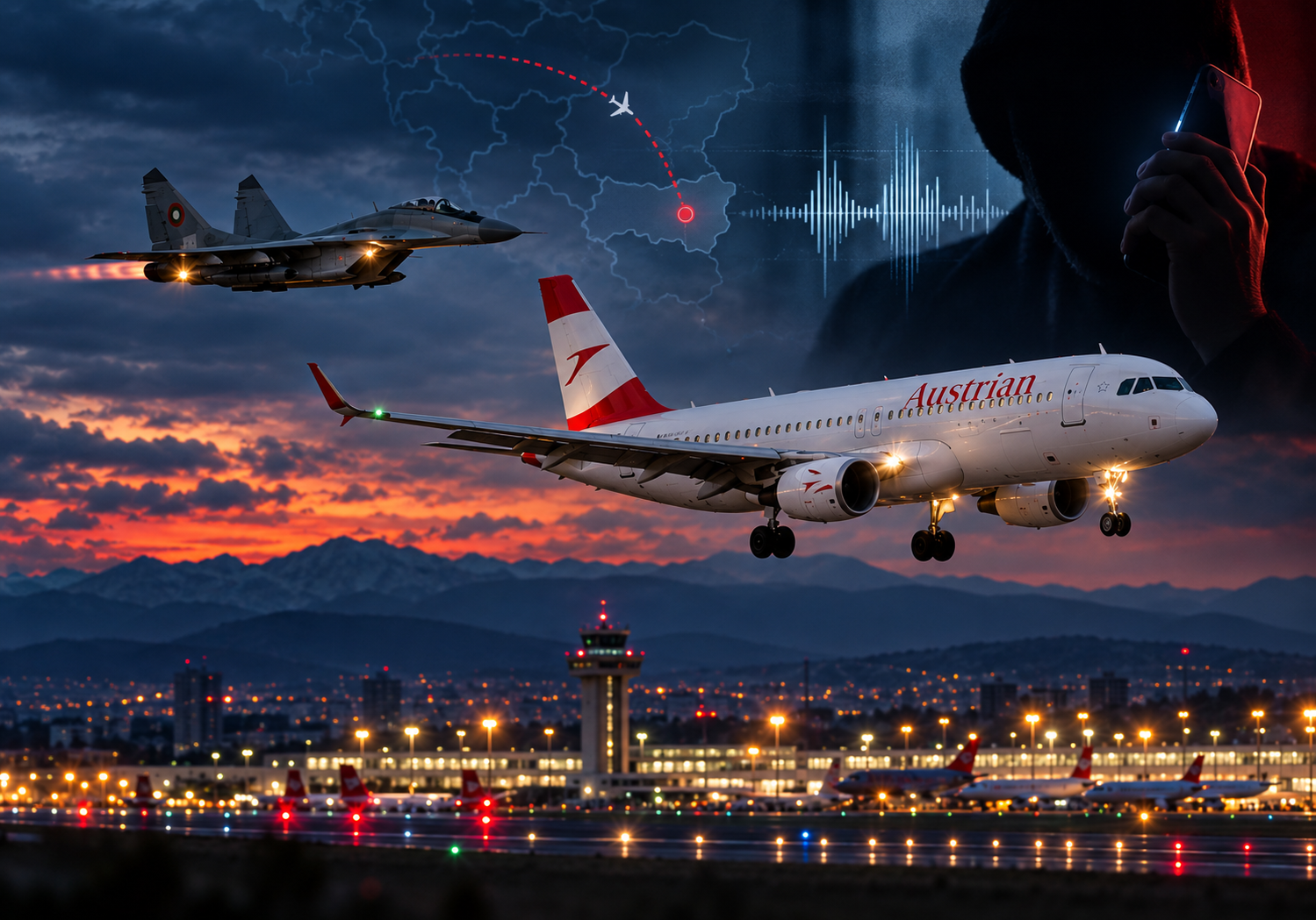 Austrian Airlines aircraft escorted by a Bulgarian fighter jet following a bomb threat and emergency diversion to Sofia