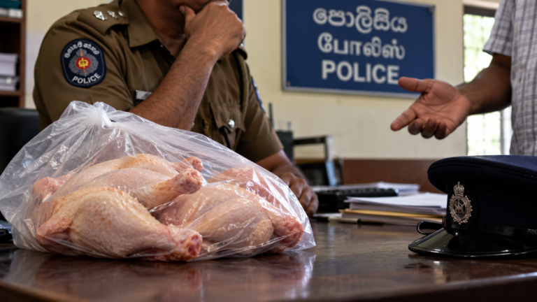 Police desk and raw chicken representing an alleged bribery case involving a suspended sergeant