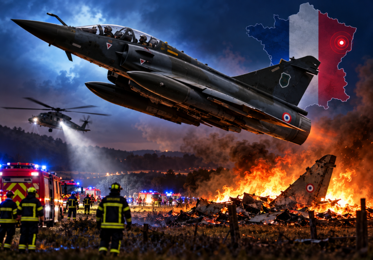 French fighter jet crash illustrated by a Mirage 2000D aircraft, emergency responders and burning wreckage in a composite news graphic.