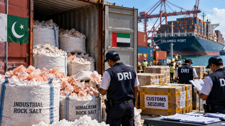 Shipping containers and rock salt illustrating India's investigation into Pakistan-origin salt routed through Sri Lanka.