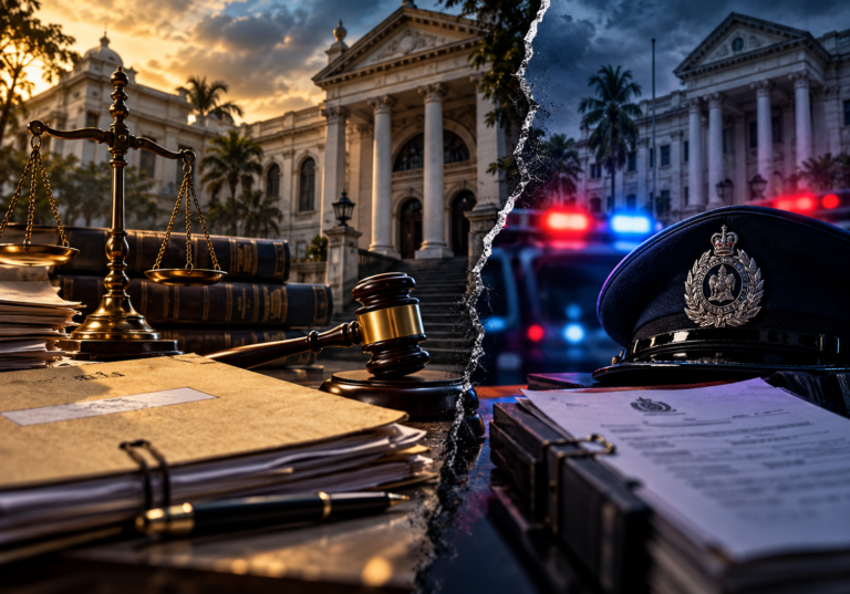 Sri Lankan courthouse and police imagery representing growing tensions between police officers and lawyers.