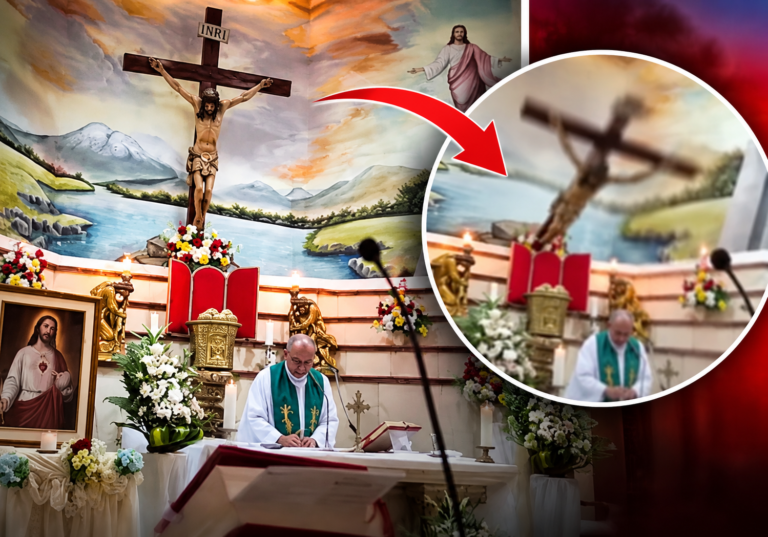Father Patricio Sánchez Molinari celebrating Mass in Ecuador moments before a large crucifix fell from the wall behind the altar.