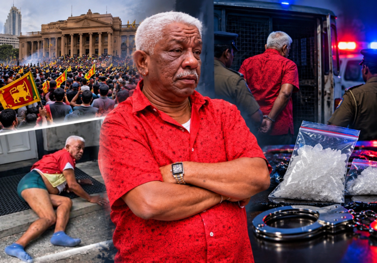 Police investigation imagery representing the arrest of former politician Mahinda Kahandagama in Mirihana.