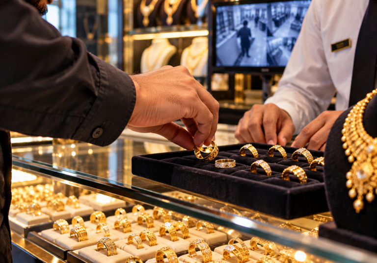 Gold rings in a jewellery display representing a ring-swapping scam targeting jewellers